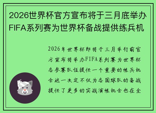 2026世界杯官方宣布将于三月底举办FIFA系列赛为世界杯备战提供练兵机会 2026世界杯官方宣布将于三月底举办FIFA系列赛为世界杯备战提供练兵机会