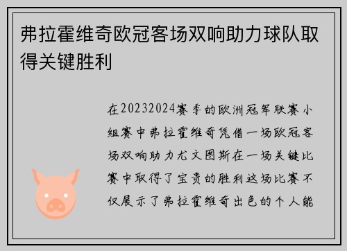 弗拉霍维奇欧冠客场双响助力球队取得关键胜利